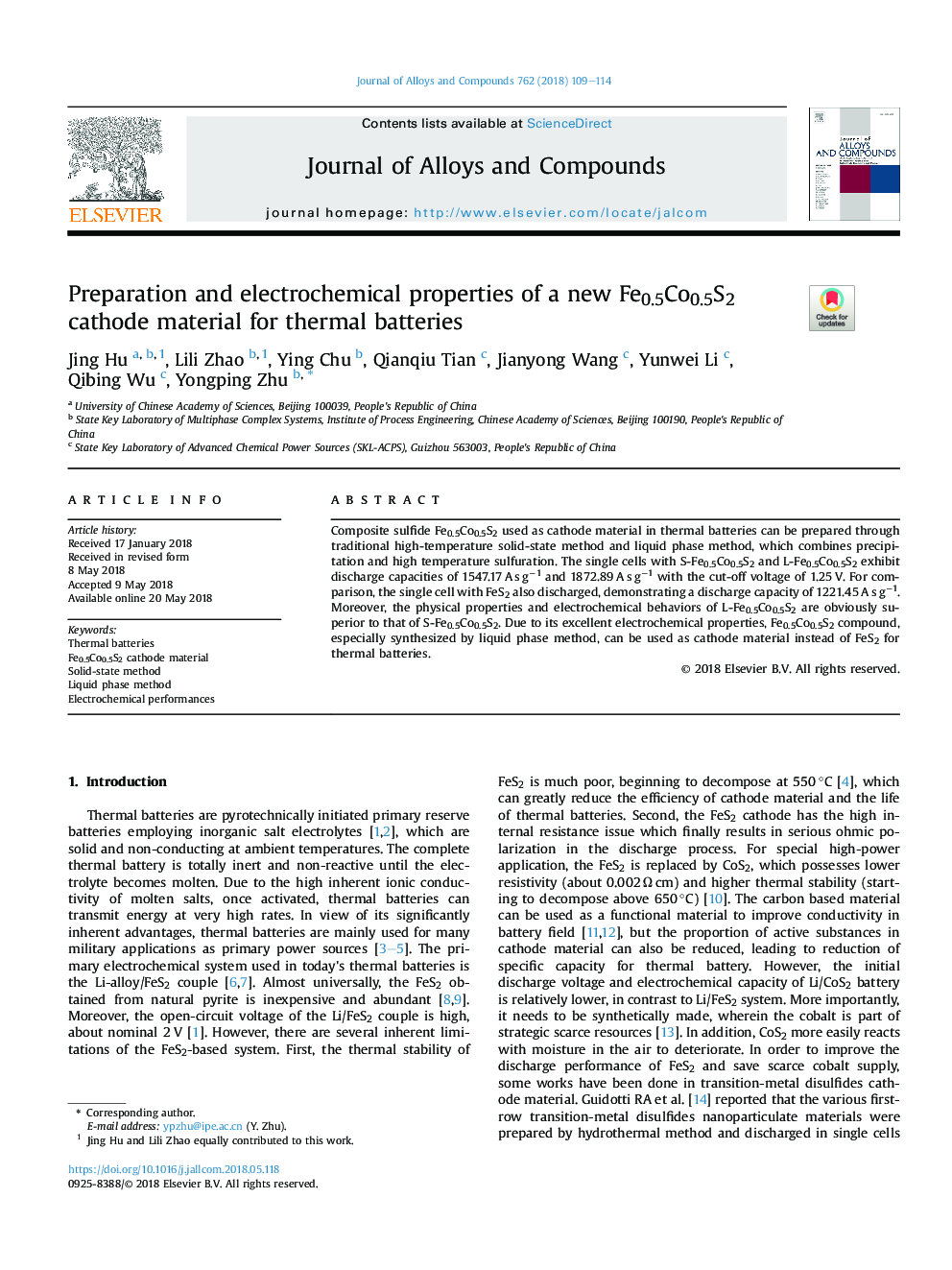 Preparation and electrochemical properties of a new Fe0.5Co0.5S2 cathode material for thermal batteries