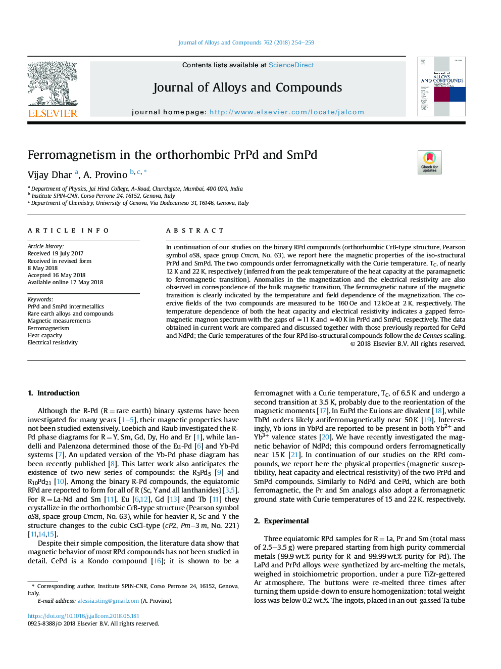 عکس صفحه اول مقاله: Ferromagnetism in the orthorhombic PrPd and SmPd Ferromagnetism in the orthorhombic PrPd and SmPd