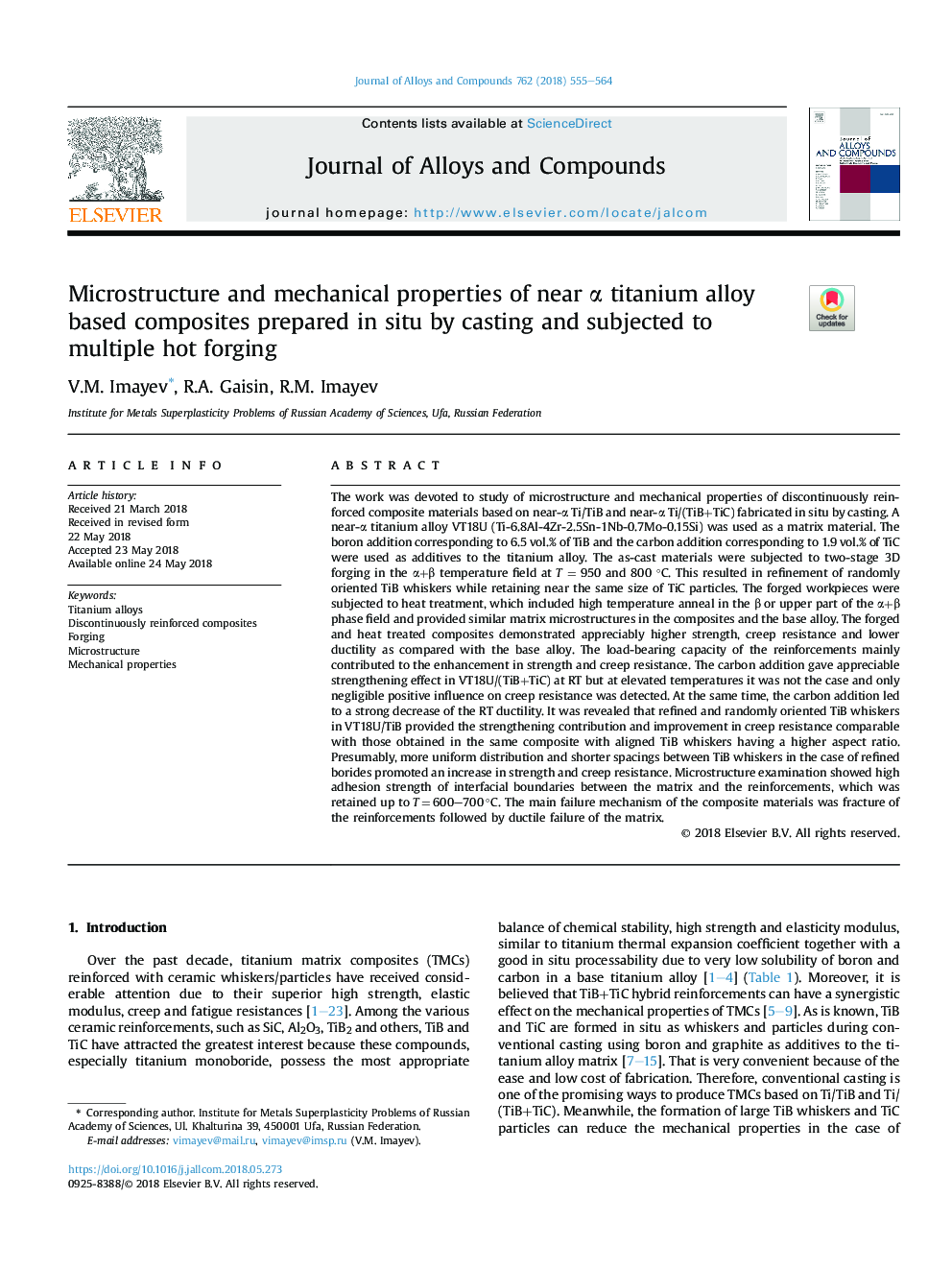 Microstructure and mechanical properties of near Î± titanium alloy based composites prepared in situ by casting and subjected to multiple hot forging