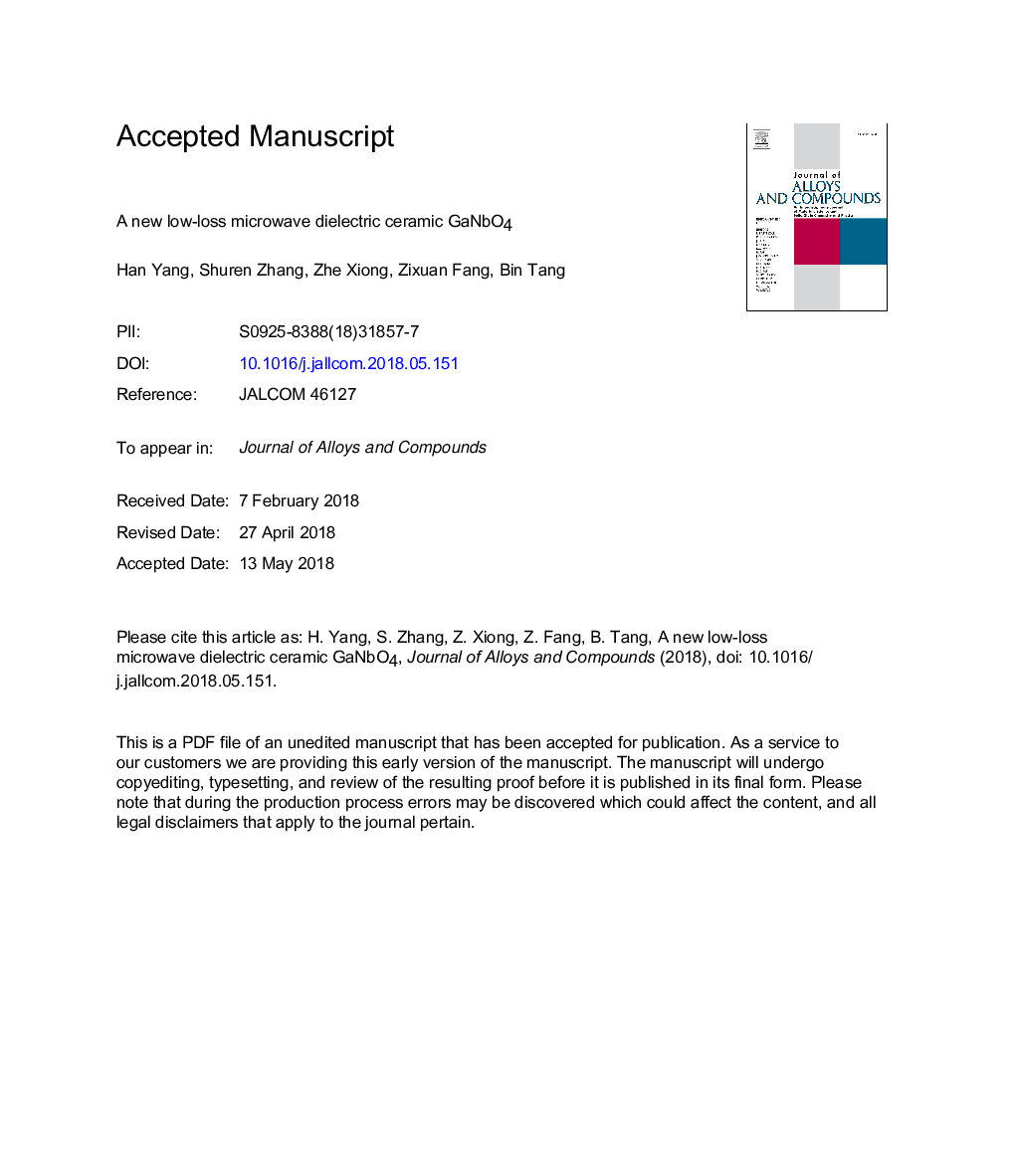 A new low-loss microwave dielectric ceramic GaNbO4