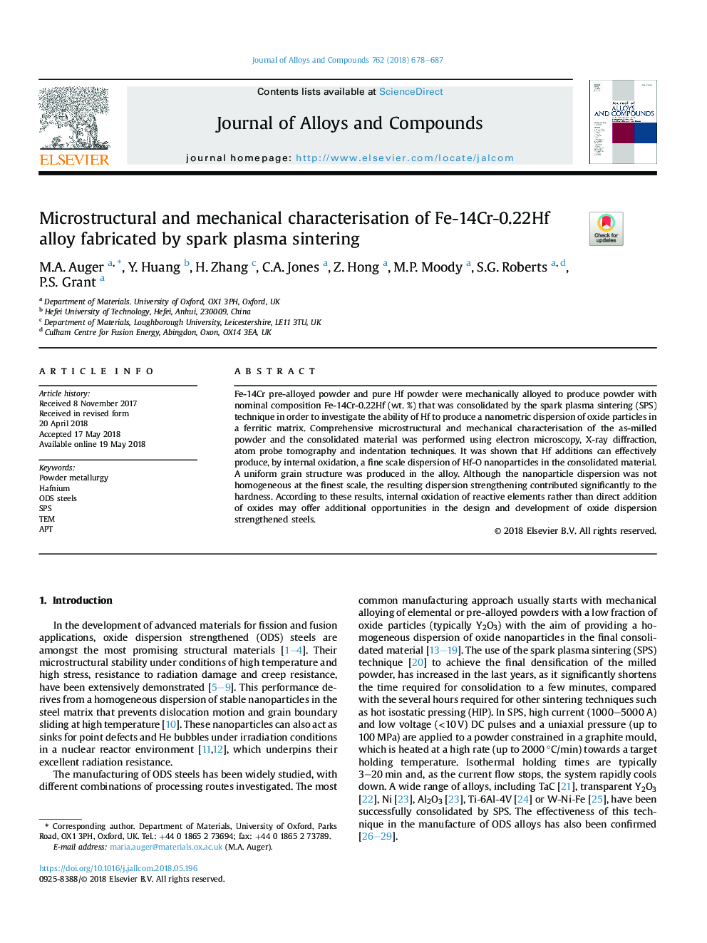 Microstructural and mechanical characterisation of Fe-14Cr-0.22Hf alloy fabricated by spark plasma sintering