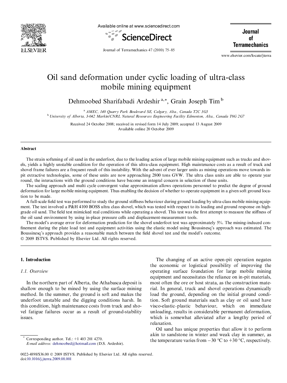 Oil sand deformation under cyclic loading of ultra-class mobile mining equipment