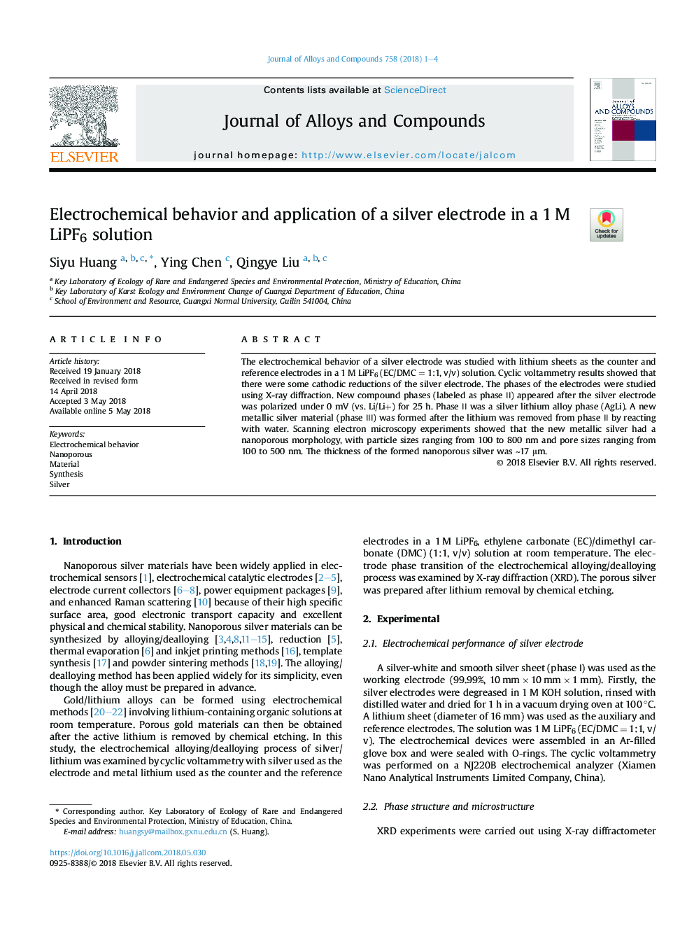 Electrochemical behavior and application of a silver electrode in a 1â¯M LiPF6 solution