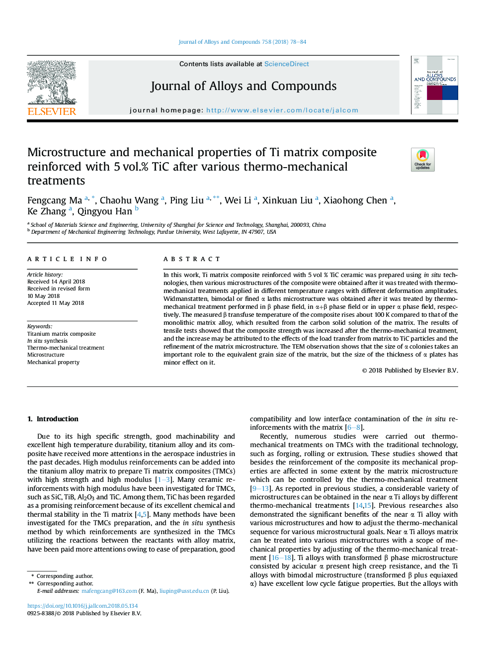 Microstructure and mechanical properties of Ti matrix composite reinforced with 5â¯vol.% TiC after various thermo-mechanical treatments