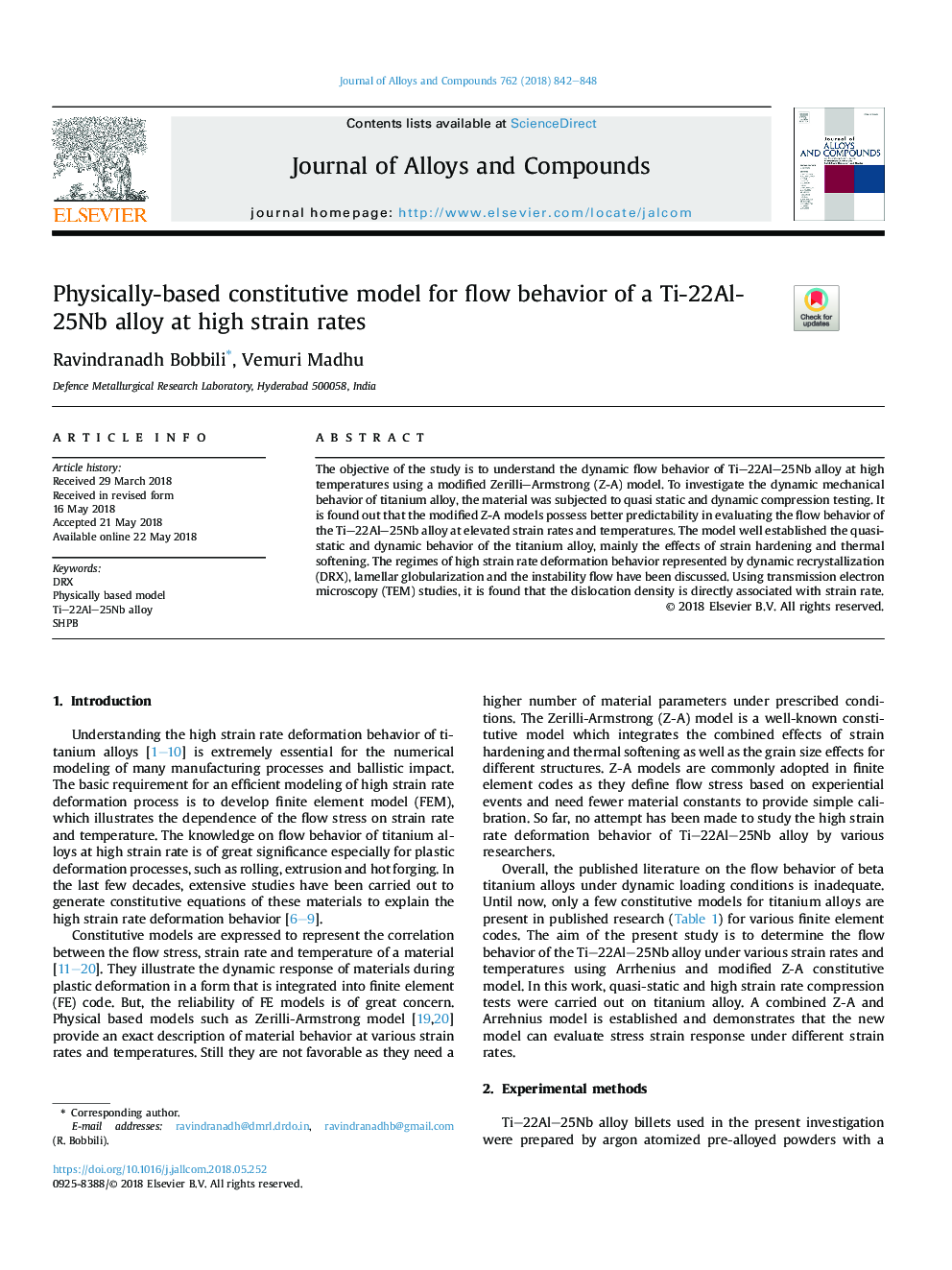 Physically-based constitutive model for flow behavior of a Ti-22Al-25Nb alloy at high strain rates