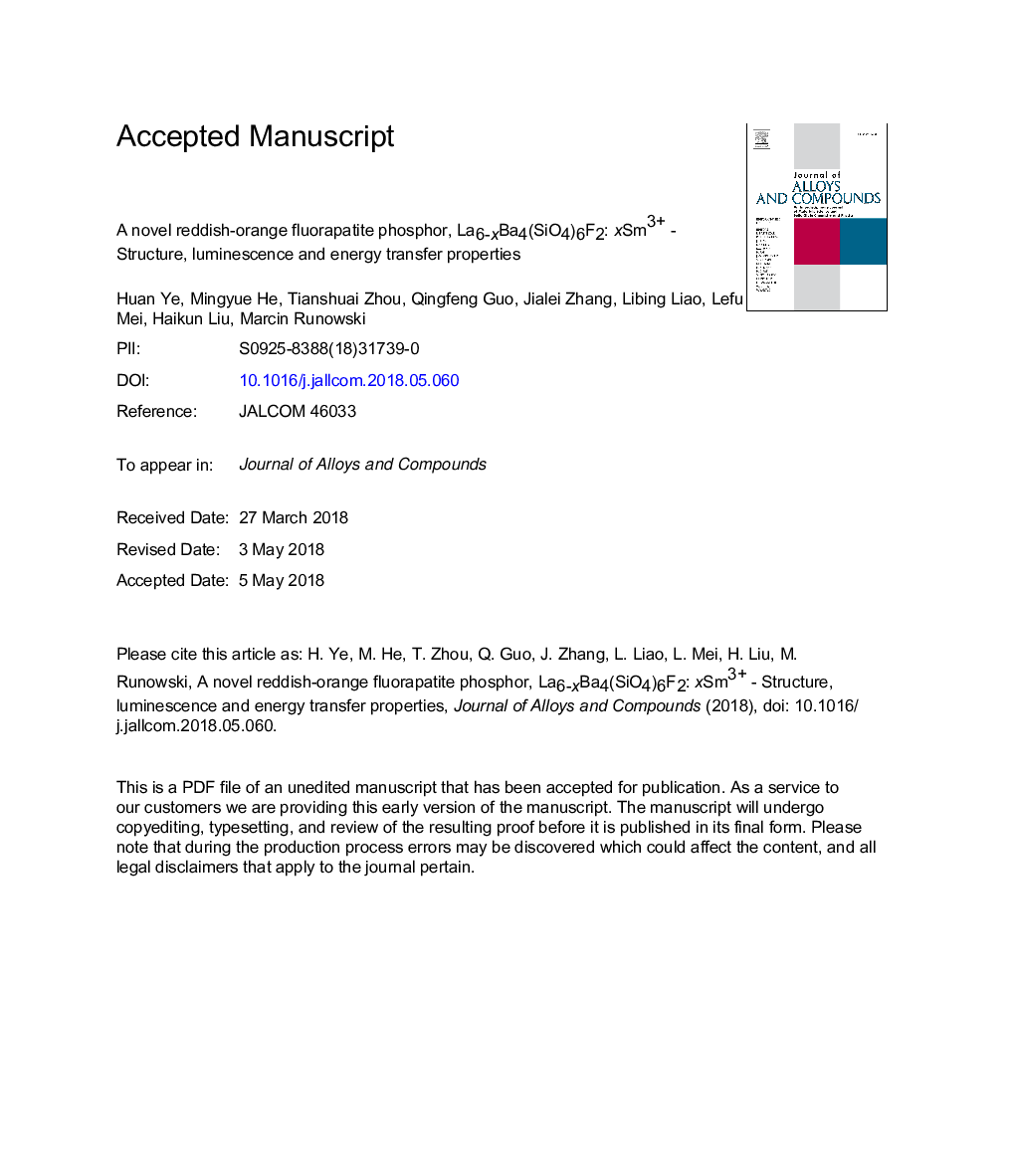 A novel reddish-orange fluorapatite phosphor, La6-xBa4(SiO4)6F2: xSm3+ - Structure, luminescence and energy transfer properties