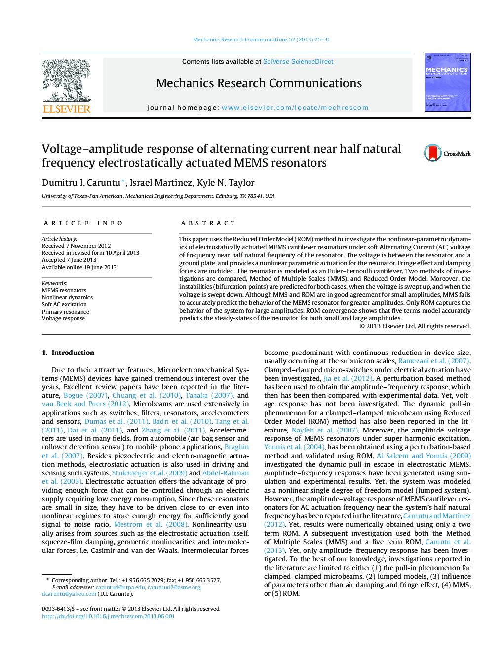 Voltage–amplitude response of alternating current near half natural frequency electrostatically actuated MEMS resonators