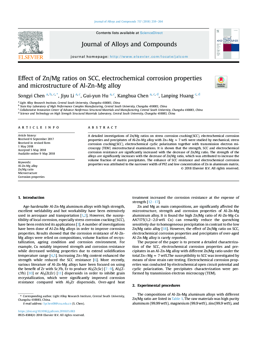 Effect of Zn/Mg ratios on SCC, electrochemical corrosion properties and microstructure of Al-Zn-Mg alloy