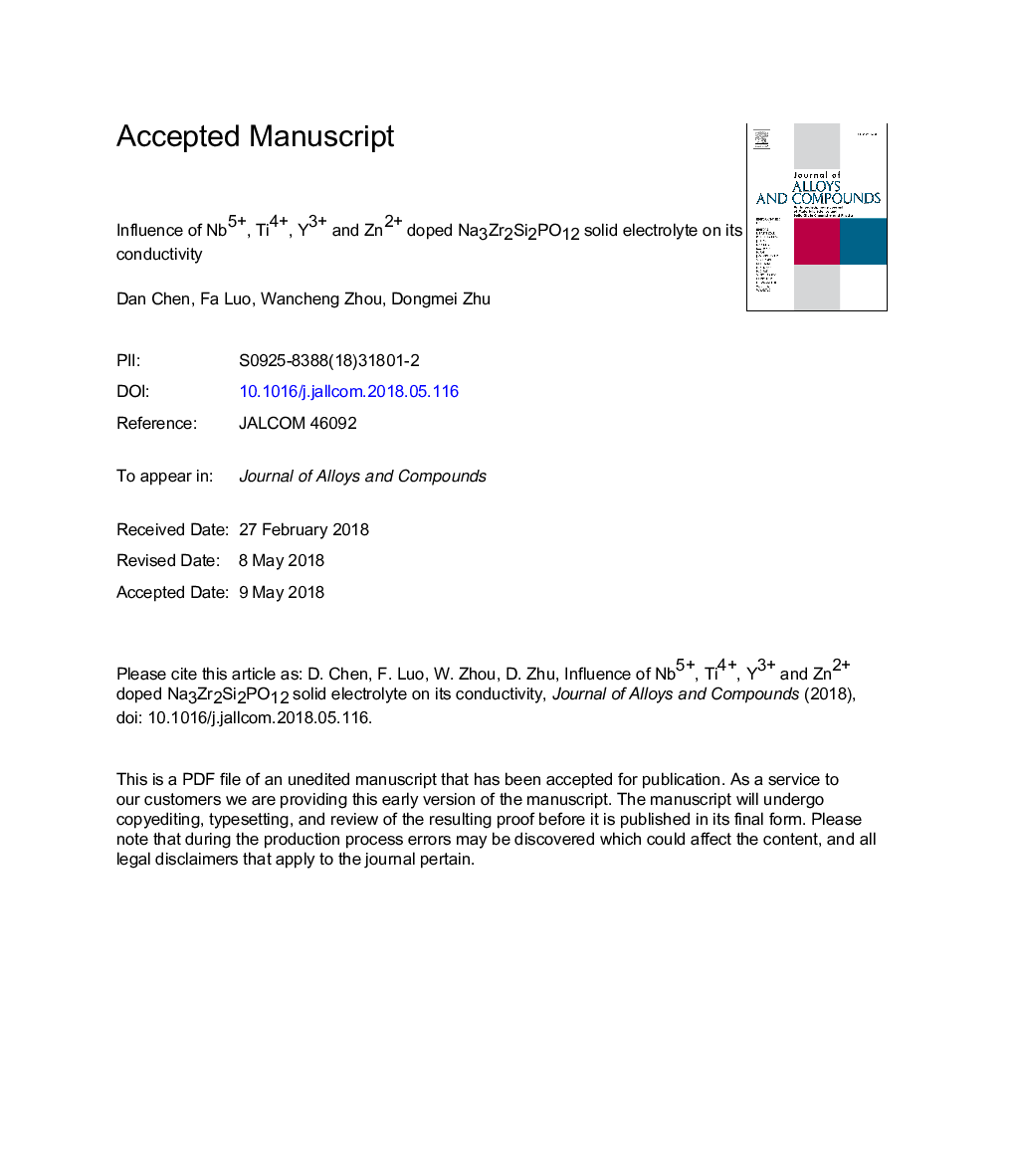 Influence of Nb5+, Ti4+, Y3+ and Zn2+ doped Na3Zr2Si2PO12 solid electrolyte on its conductivity