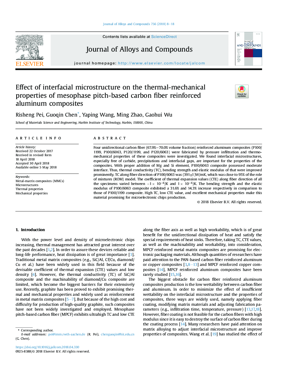Effect of interfacial microstructure on the thermal-mechanical properties of mesophase pitch-based carbon fiber reinforced aluminum composites