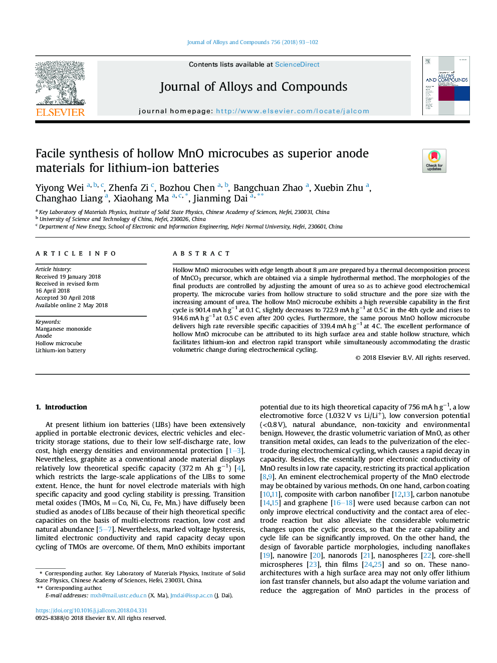 Facile synthesis of hollow MnO microcubes as superior anode materials for lithium-ion batteries