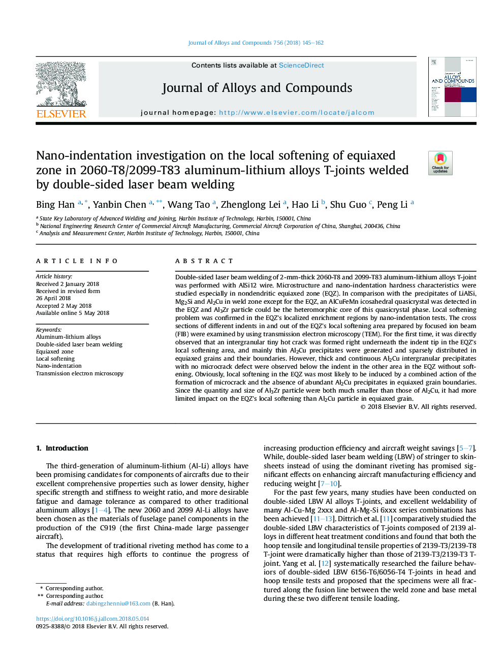 Nano-indentation investigation on the local softening of equiaxed zone in 2060-T8/2099-T83 aluminum-lithium alloys T-joints welded by double-sided laser beam welding