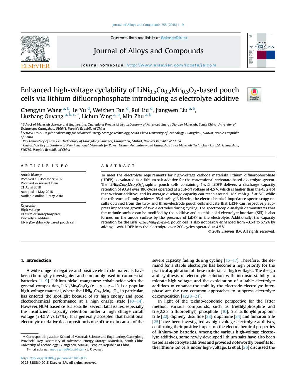 Enhanced high-voltage cyclability of LiNi0.5Co0.2Mn0.3O2-based pouch cells via lithium difluorophosphate introducing as electrolyte additive