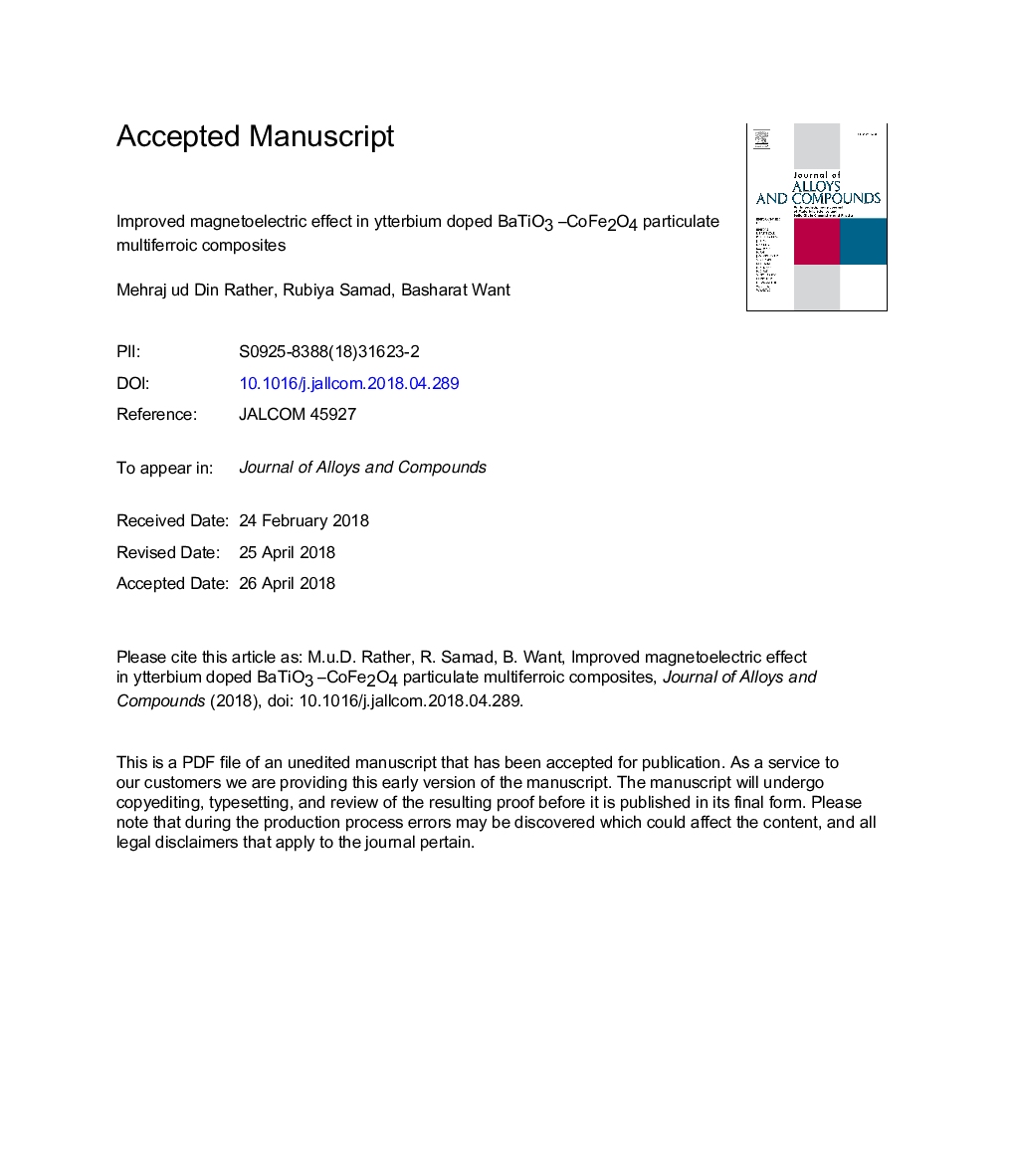 عکس صفحه اول مقاله: Improved magnetoelectric effect in ytterbium doped BaTiO3 -CoFe2O4 particulate multiferroic composites Improved magnetoelectric effect in ytterbium doped BaTiO3 -CoFe2O4 particulate multiferroic composites