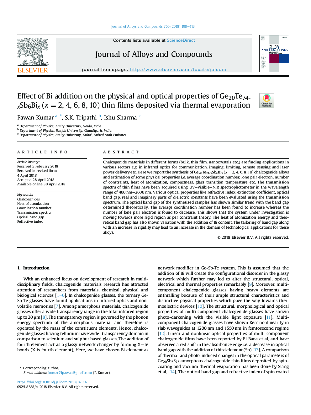 Effect of Bi addition on the physical and optical properties of Ge20Te74-xSb6Bix (xÂ = 2, 4, 6, 8, 10) thin films deposited via thermal evaporation