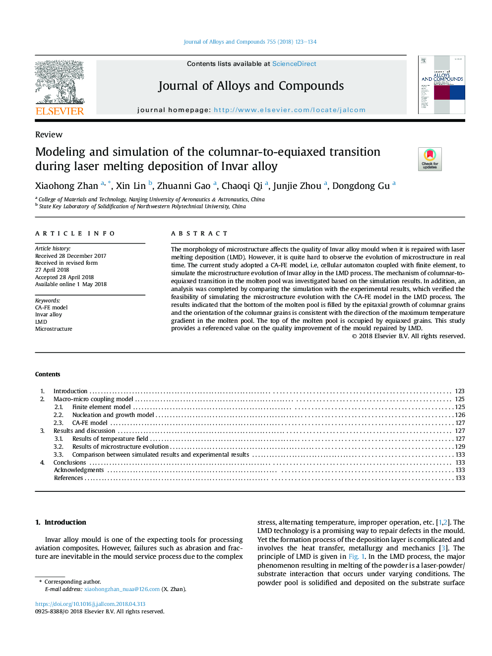 Modeling and simulation of the columnar-to-equiaxed transition during laser melting deposition of Invar alloy