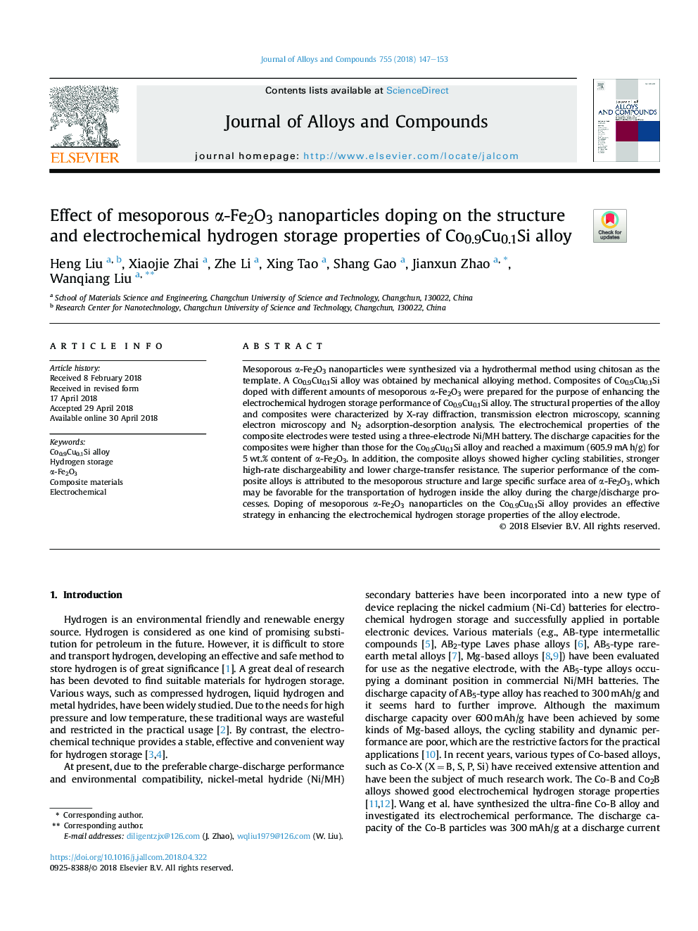 Effect of mesoporous Î±-Fe2O3 nanoparticles doping on the structure and electrochemical hydrogen storage properties of Co0.9Cu0.1Si alloy