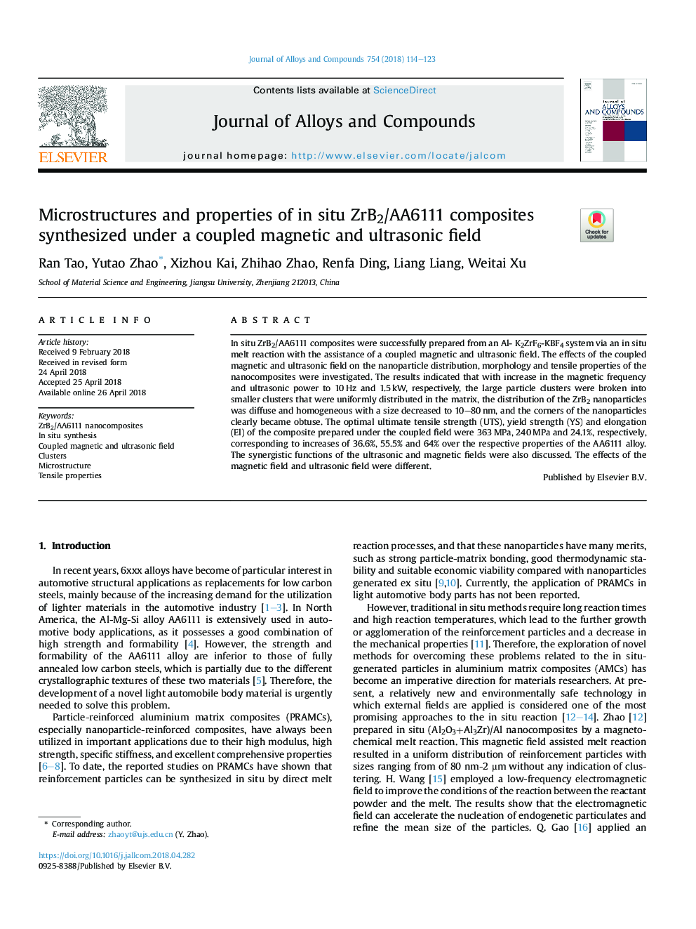 Microstructures and properties of in situ ZrB2/AA6111 composites synthesized under a coupled magnetic and ultrasonic field