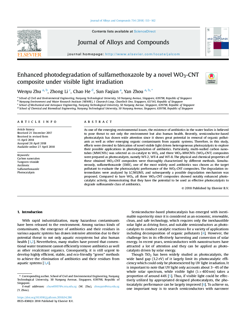 Enhanced photodegradation of sulfamethoxazole by a novel WO3-CNT composite under visible light irradiation