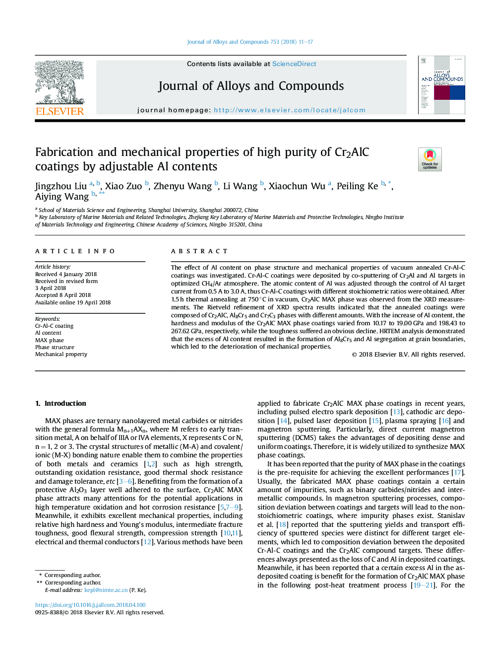 Fabrication and mechanical properties of high purity of Cr2AlC coatings by adjustable Al contents