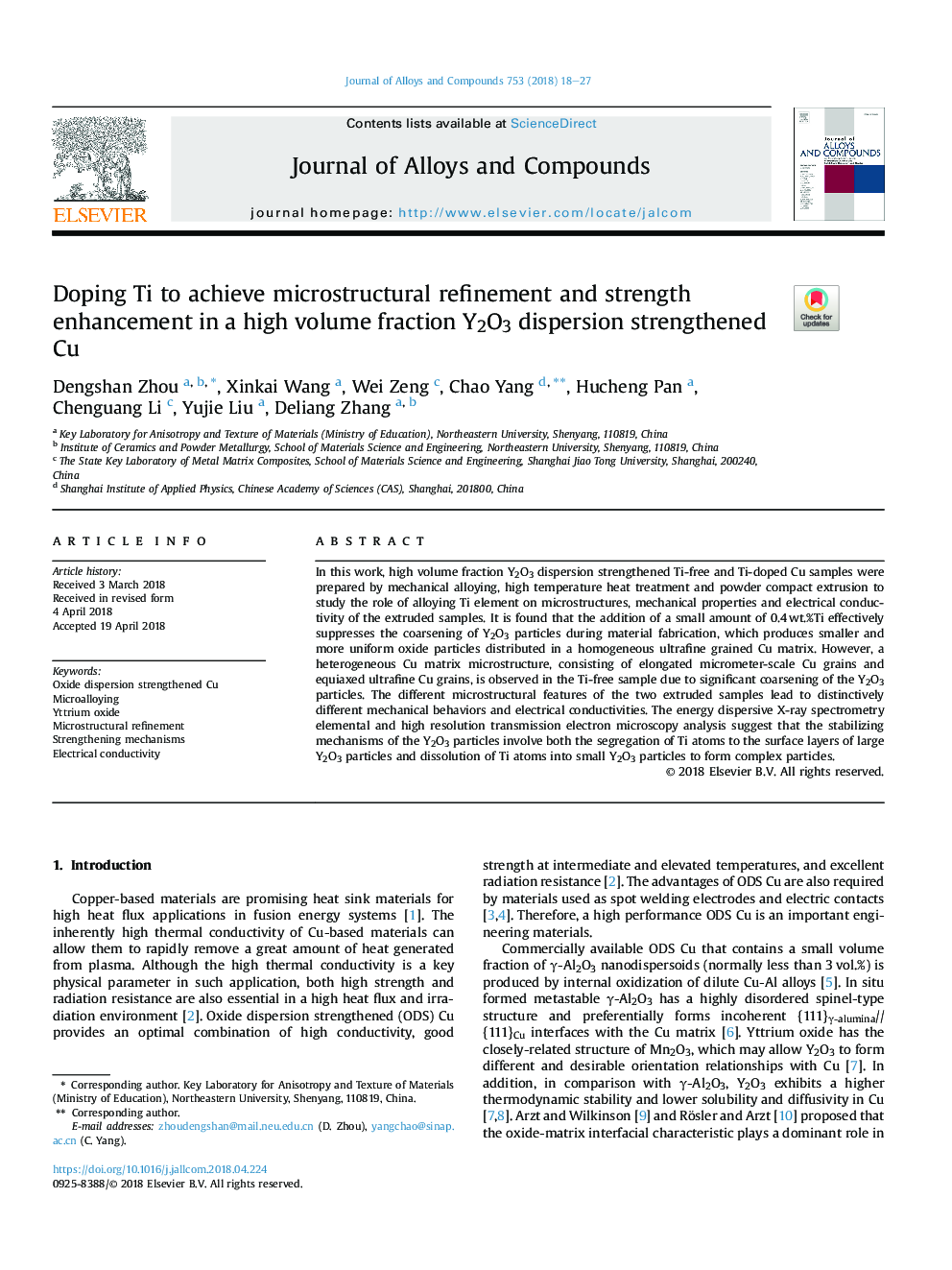 Doping Ti to achieve microstructural refinement and strength enhancement in a high volume fraction Y2O3 dispersion strengthened Cu