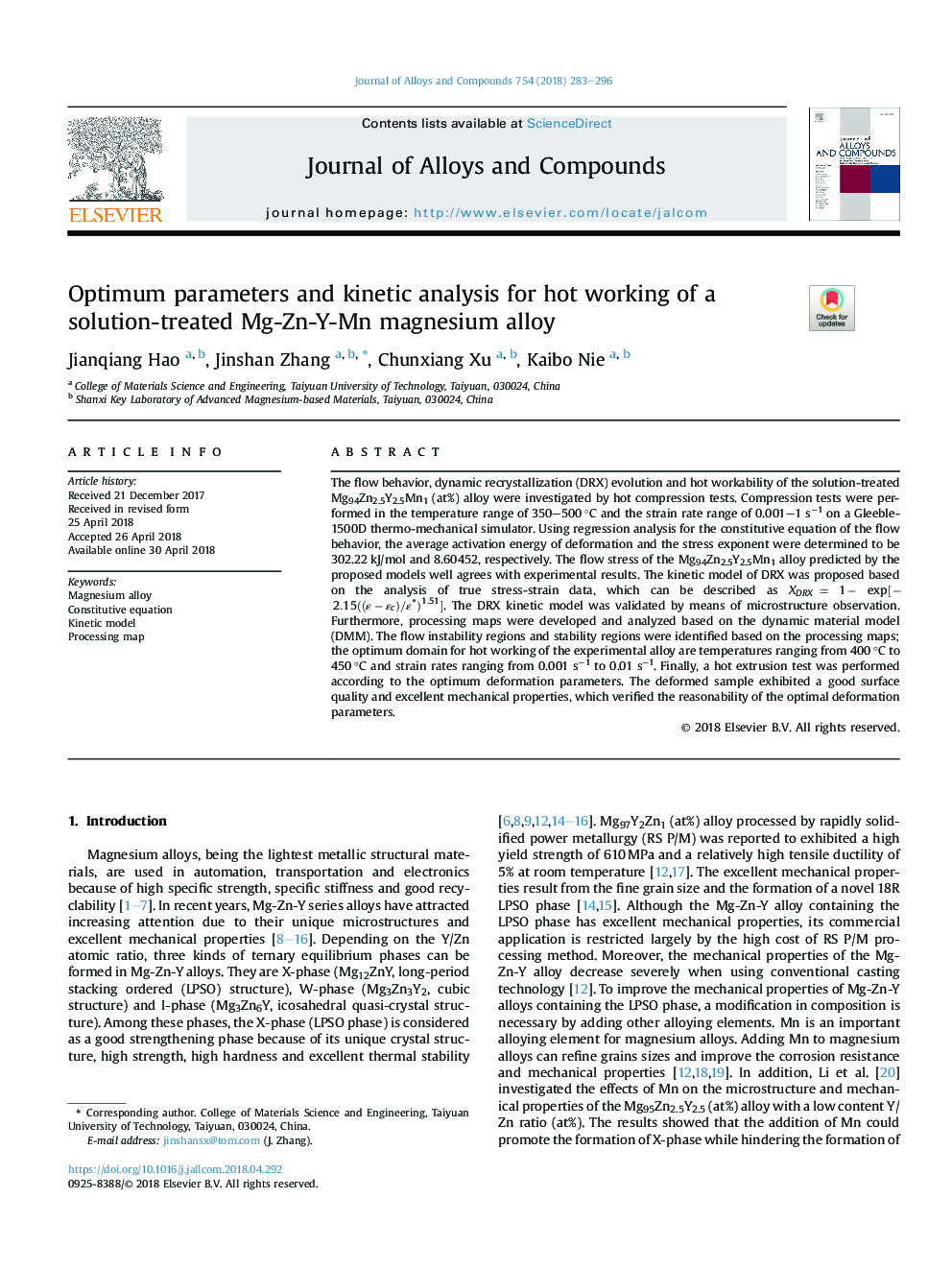 Optimum parameters and kinetic analysis for hot working of a solution-treated Mg-Zn-Y-Mn magnesium alloy