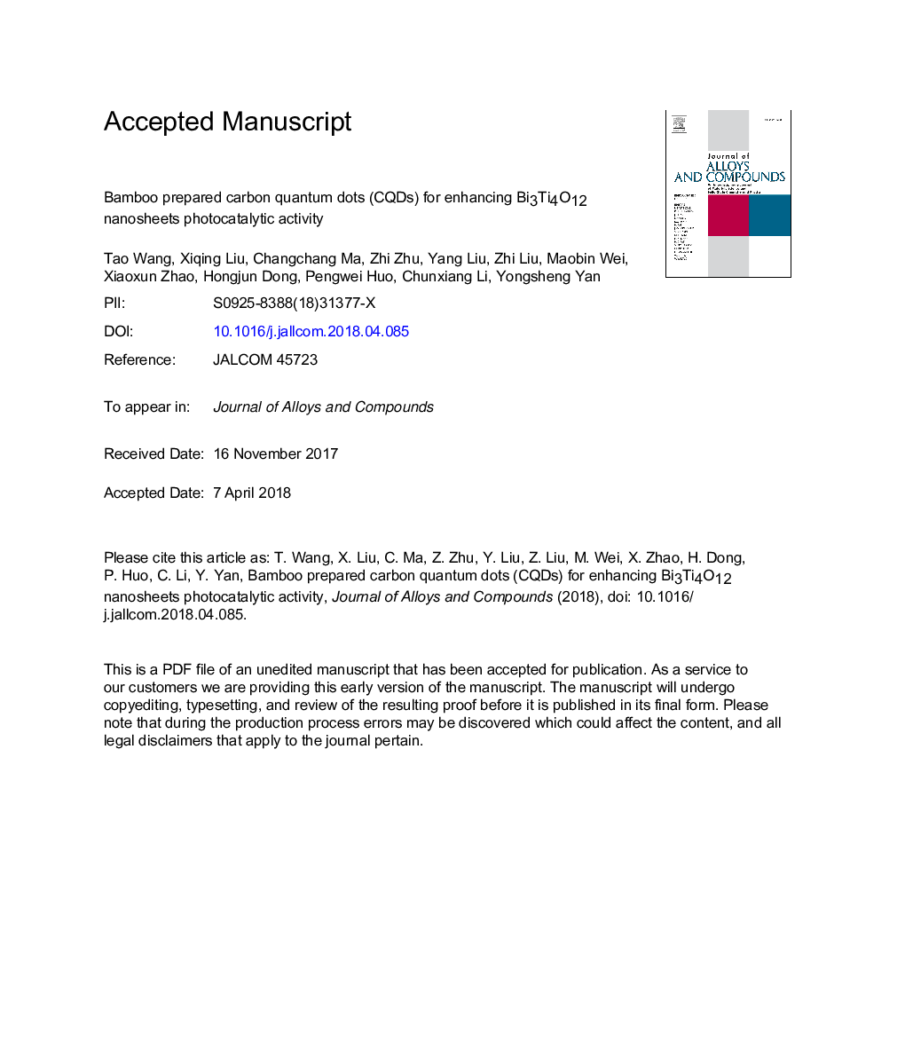 Bamboo prepared carbon quantum dots (CQDs) for enhancing Bi3Ti4O12 nanosheets photocatalytic activity