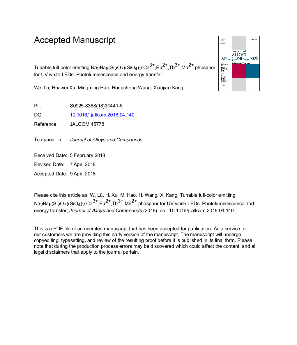 Tunable full-color emitting Na2Ba6(Si2O7)(SiO4)2:Ce3+,Eu2+,Tb3+,Mn2+ phosphor for UV white LEDs: Photoluminescence and energy transfer