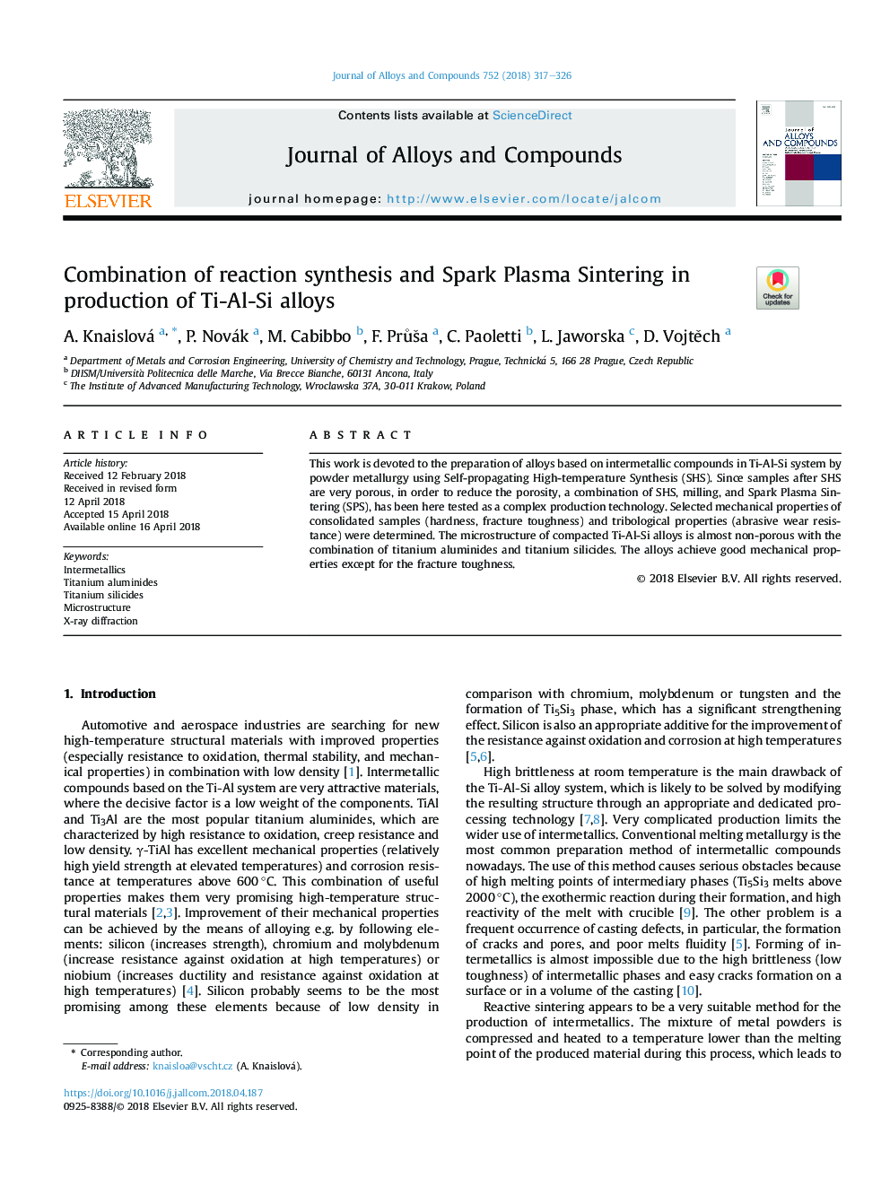 Combination of reaction synthesis and Spark Plasma Sintering in production of Ti-Al-Si alloys