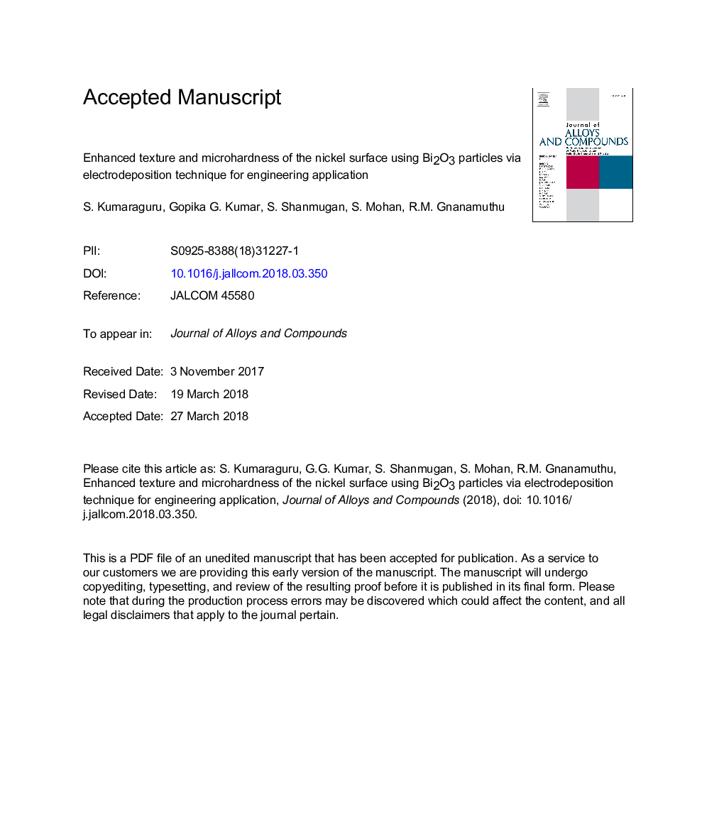 عکس صفحه اول مقاله: Enhanced texture and microhardness of the nickel surface using Bi2O3 particles via electrodeposition technique for engineering application Enhanced texture and microhardness of the nickel surface using Bi2O3 particles via electrodeposition technique for engineering application