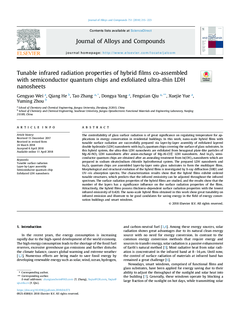 Tunable infrared radiation properties of hybrid films co-assembled with semiconductor quantum chips and exfoliated ultra-thin LDH nanosheets