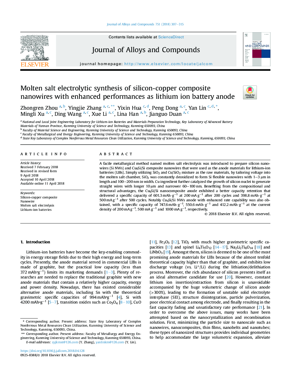 Molten salt electrolytic synthesis of silicon-copper composite nanowires with enhanced performances as lithium ion battery anode