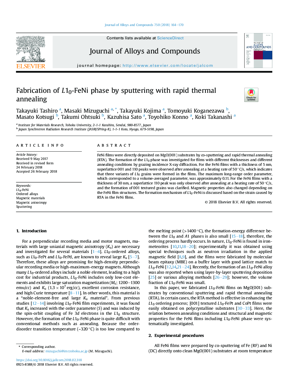 Fabrication of L10-FeNi phase by sputtering with rapid thermal annealing