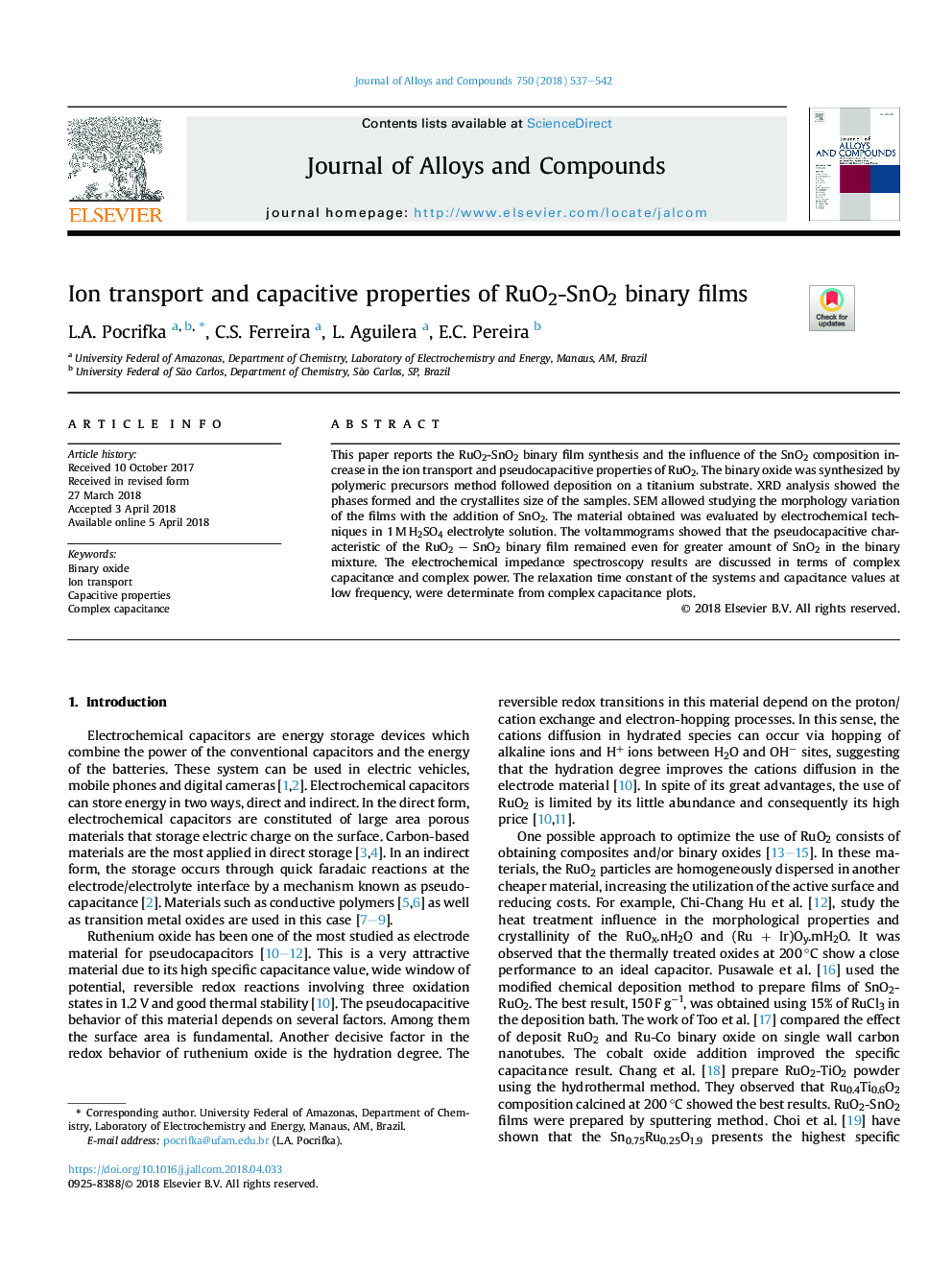 Ion transport and capacitive properties of RuO2-SnO2 binary films