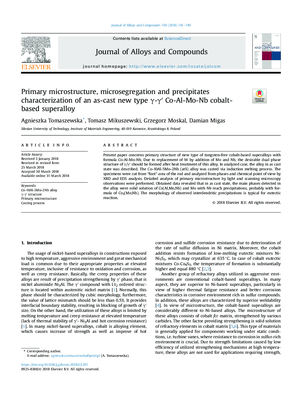 Primary microstructure, microsegregation and precipitates characterization of an as-cast new type Î³-Î³â² Co-Al-Mo-Nb cobalt-based superalloy