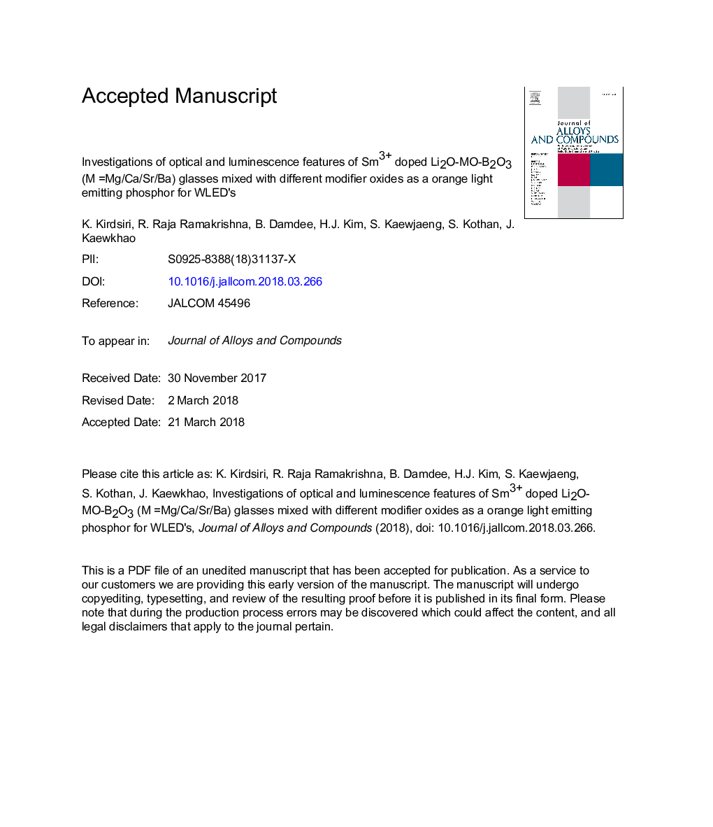 Investigations of optical and luminescence features of Sm3+ doped Li2O-MO-B2O3 (MÂ =Mg/Ca/Sr/Ba) glasses mixed with different modifier oxides as an orange light emitting phosphor for WLED's