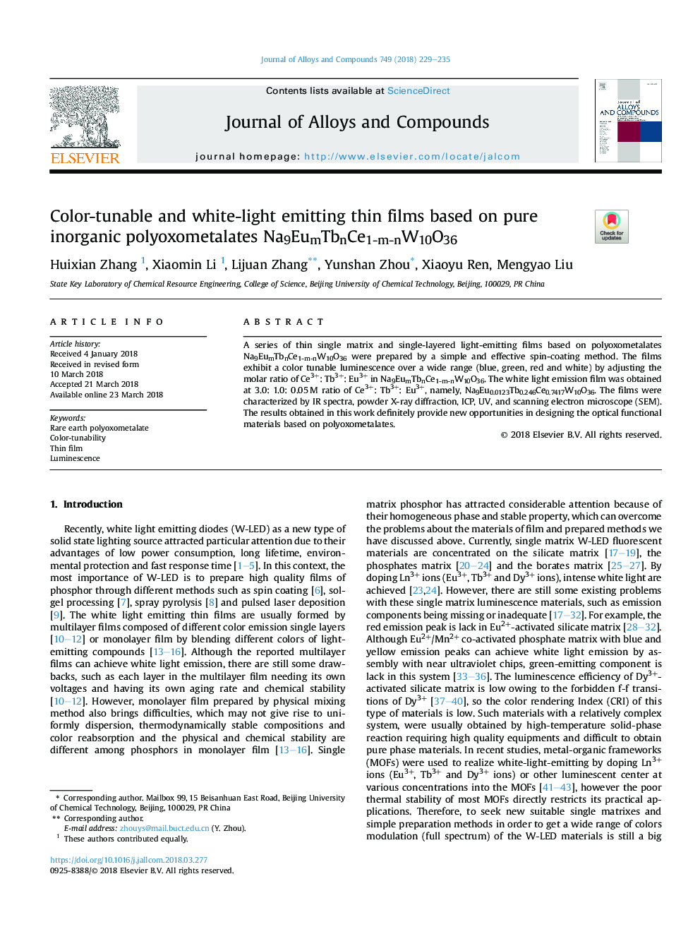 Color-tunable and white-light emitting thin ï¬lms based on pure inorganic polyoxometalates Na9EumTbnCe1-m-nW10O36