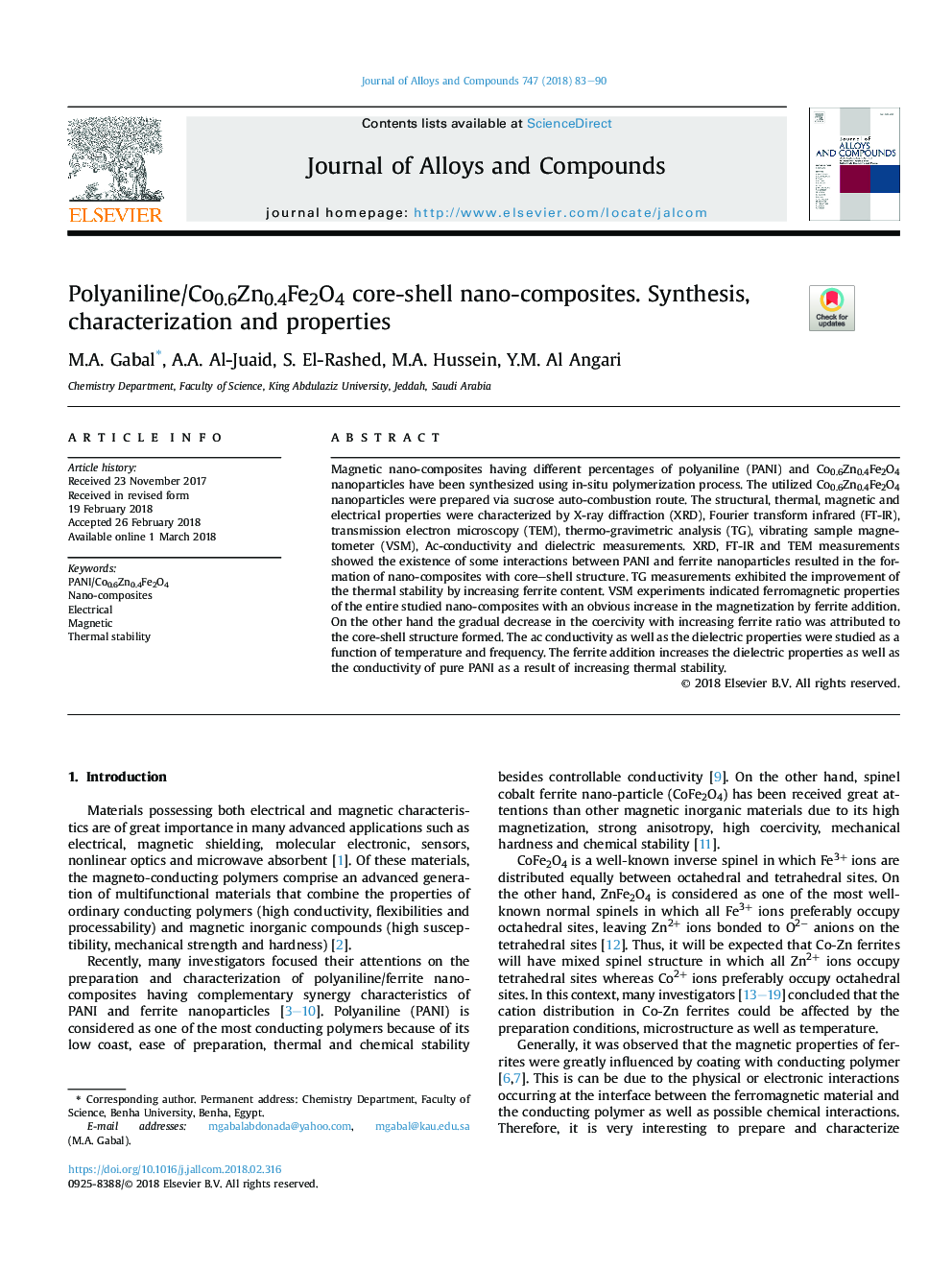 Polyaniline/Co0.6Zn0.4Fe2O4 core-shell nano-composites. Synthesis, characterization and properties