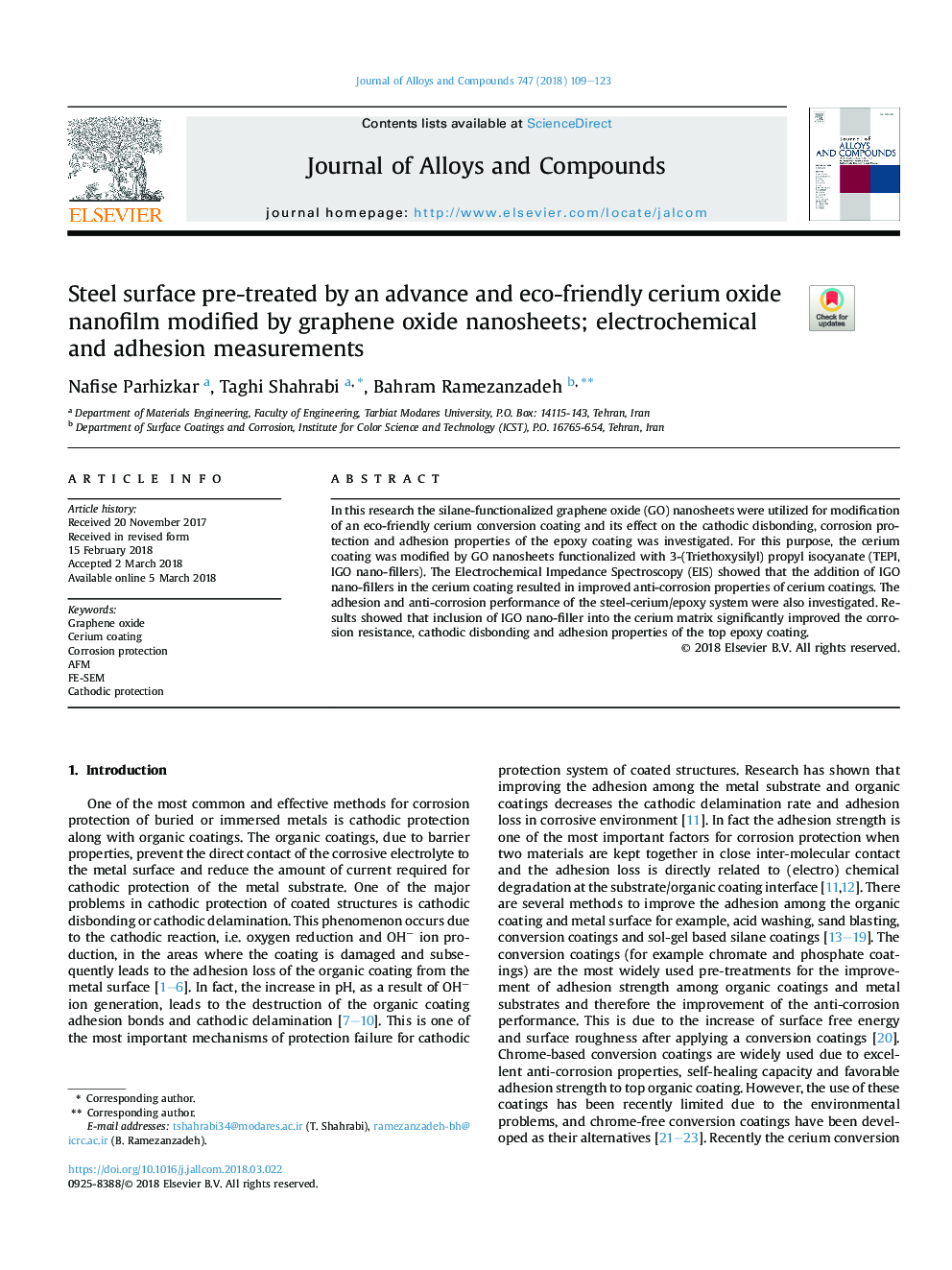 Steel surface pre-treated by an advance and eco-friendly cerium oxide nanofilm modified by graphene oxide nanosheets; electrochemical and adhesion measurements