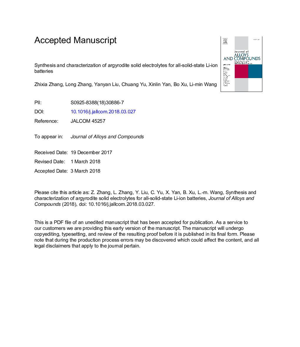 Synthesis and characterization of argyrodite solid electrolytes for all-solid-state Li-ion batteries