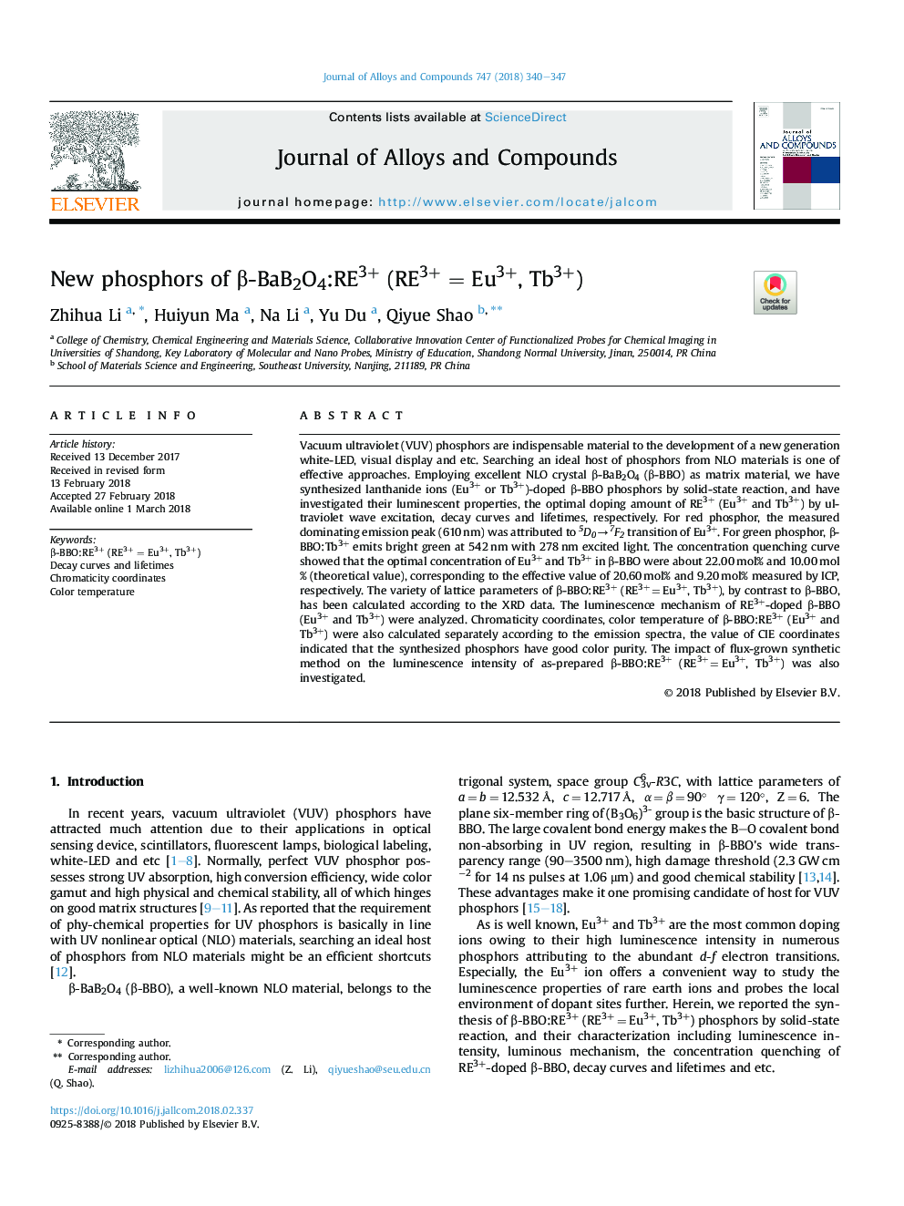 New phosphors of Î²-BaB2O4:RE3+ (RE3+Â = Eu3+, Tb3+)