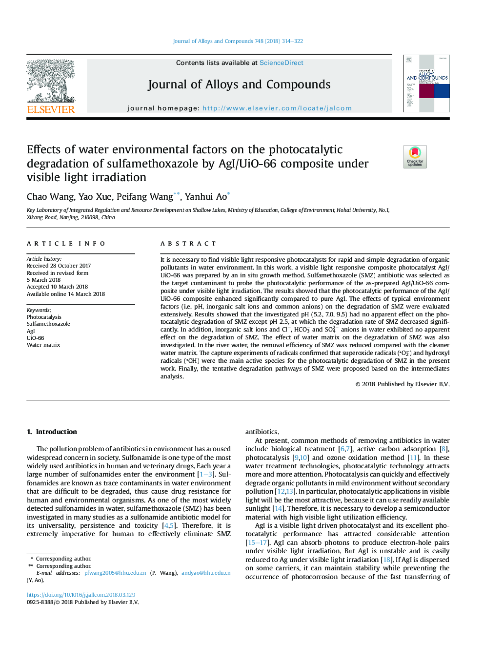 Effects of water environmental factors on the photocatalytic degradation of sulfamethoxazole by AgI/UiO-66 composite under visible light irradiation