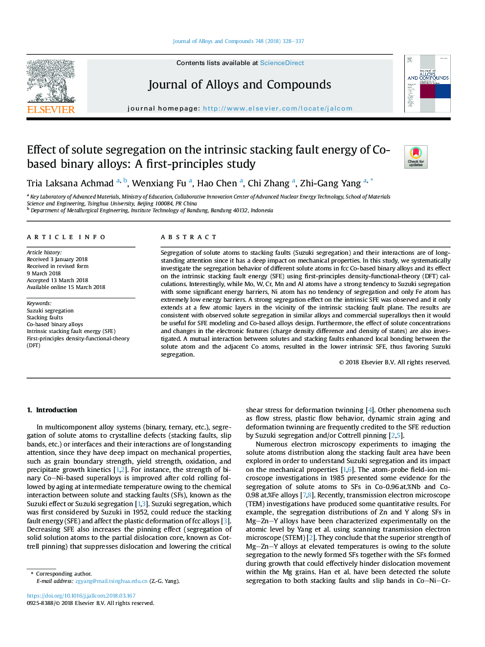 Effect of solute segregation on the intrinsic stacking fault energy of Co-based binary alloys: A first-principles study