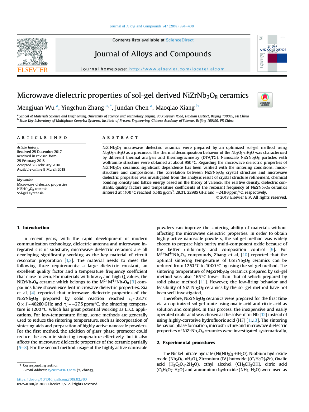 Microwave dielectric properties of sol-gel derived NiZrNb2O8 ceramics