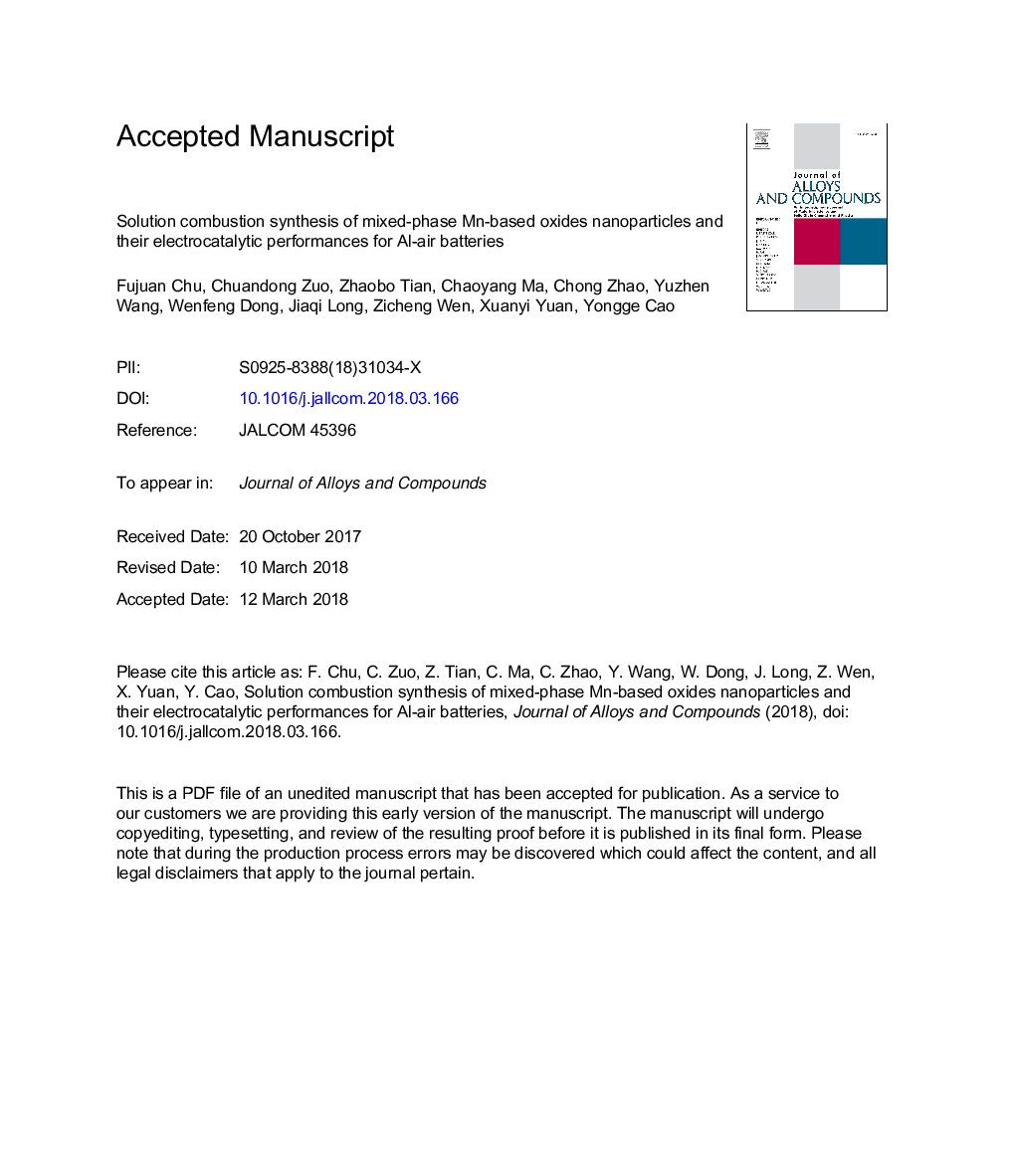 Solution combustion synthesis of mixed-phase Mn-based oxides nanoparticles and their electrocatalytic performances for Al-air batteries