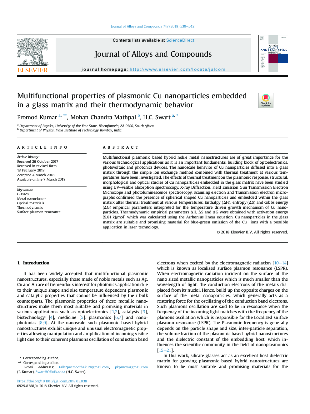 Multifunctional properties of plasmonic Cu nanoparticles embedded in a glass matrix and their thermodynamic behavior