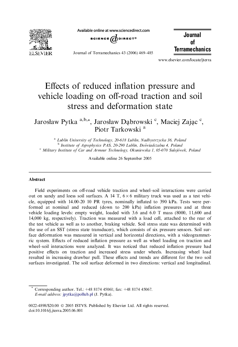 Effects of reduced inflation pressure and vehicle loading on off-road traction and soil stress and deformation state