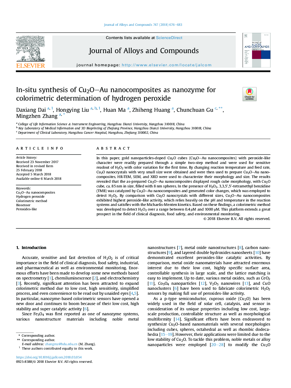 In-situ synthesis of Cu2OAu nanocomposites as nanozyme for colorimetric determination of hydrogen peroxide