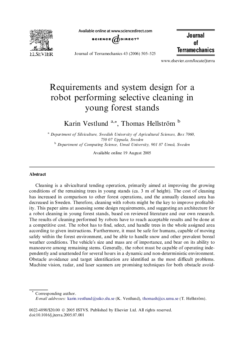 Requirements and system design for a robot performing selective cleaning in young forest stands