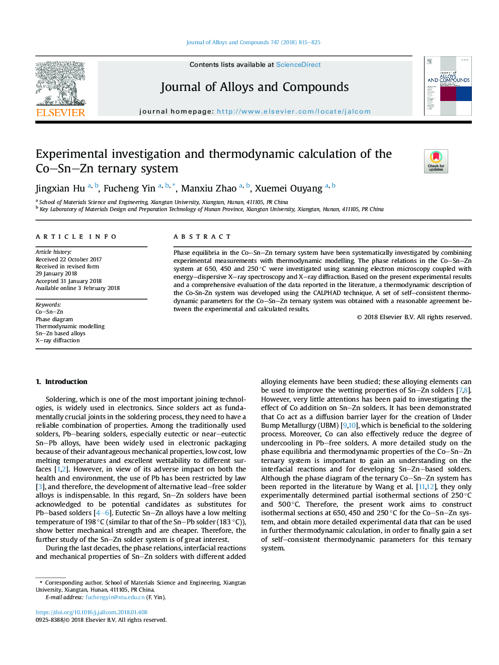 عکس صفحه اول مقاله: Experimental investigation and thermodynamic calculation of the Co-Sn-Zn ternary system Experimental investigation and thermodynamic calculation of the Co-Sn-Zn ternary system